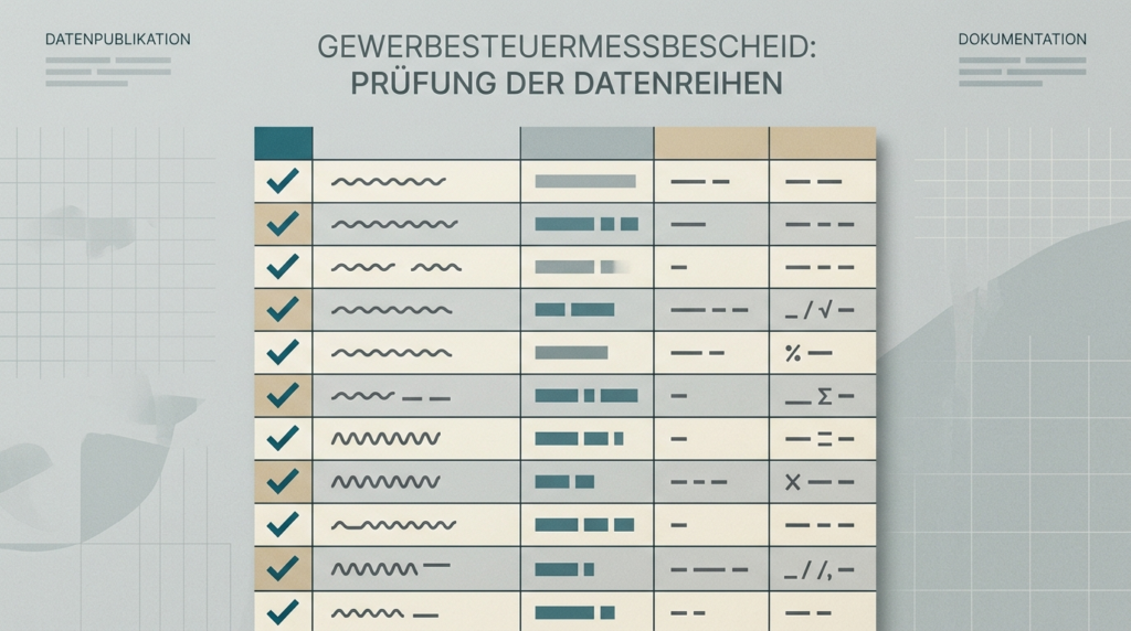 Gewerbesteuermessbescheid prüfen: abstrakte Darstellung einer Zeilenliste mit Häkchenmarken in Petrol und Sand, ohne lesbaren Text, ohne Personen