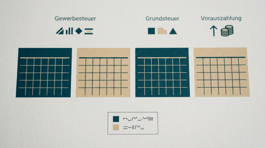 Vorauszahlung Gewerbesteuer und Grundsteuer: abstrakte Darstellung von vier gleich großen Kalendersegmenten in Petrol und Sand, ohne Text und ohne Personen