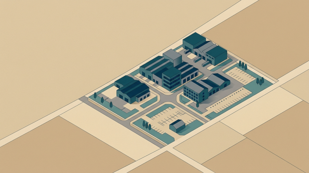 Was ist ein Gewerbegrundstück: abstrakte geometrische Darstellung eines Gebäudeblocks in Petrol und Sandtönen, ohne Text und ohne Personen